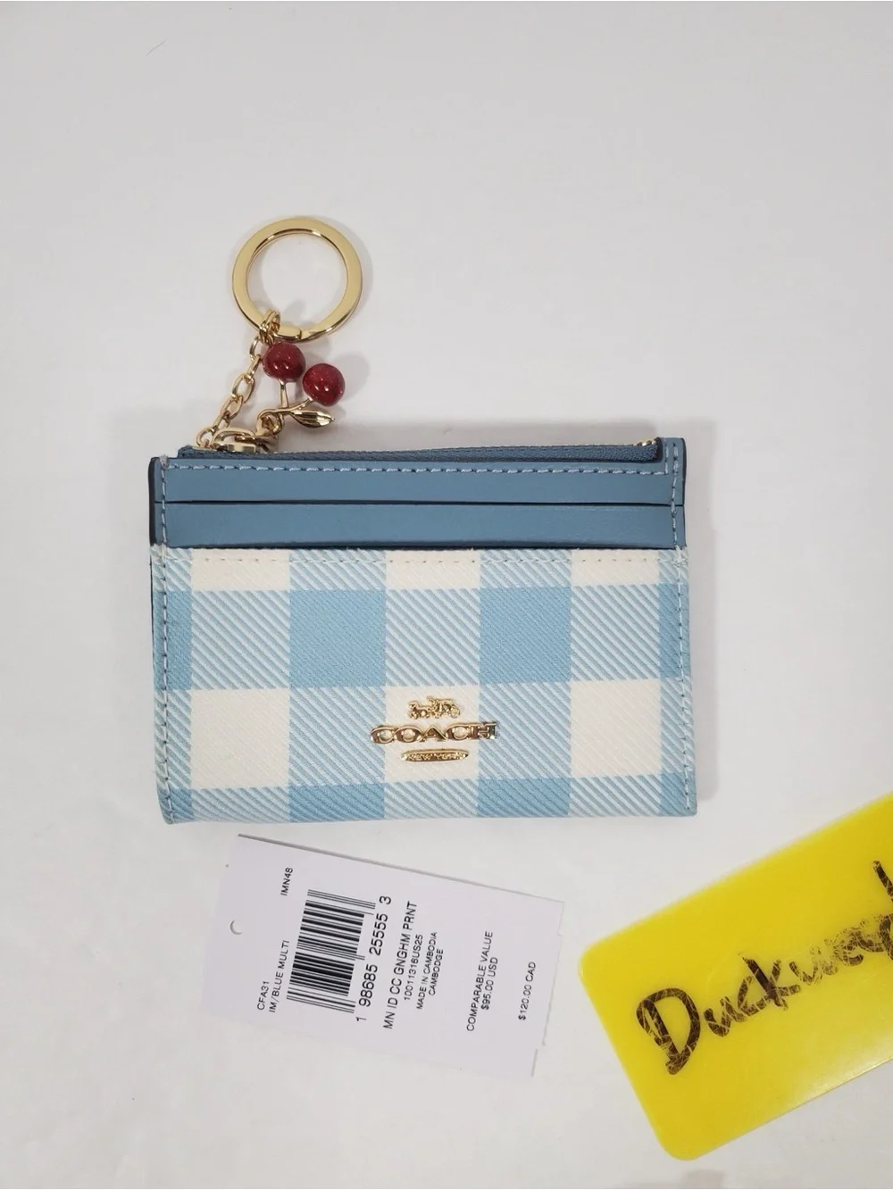 NWT Coach Mini Skinny Id Case With Gingham Print And Charm Gold/Blue Multi